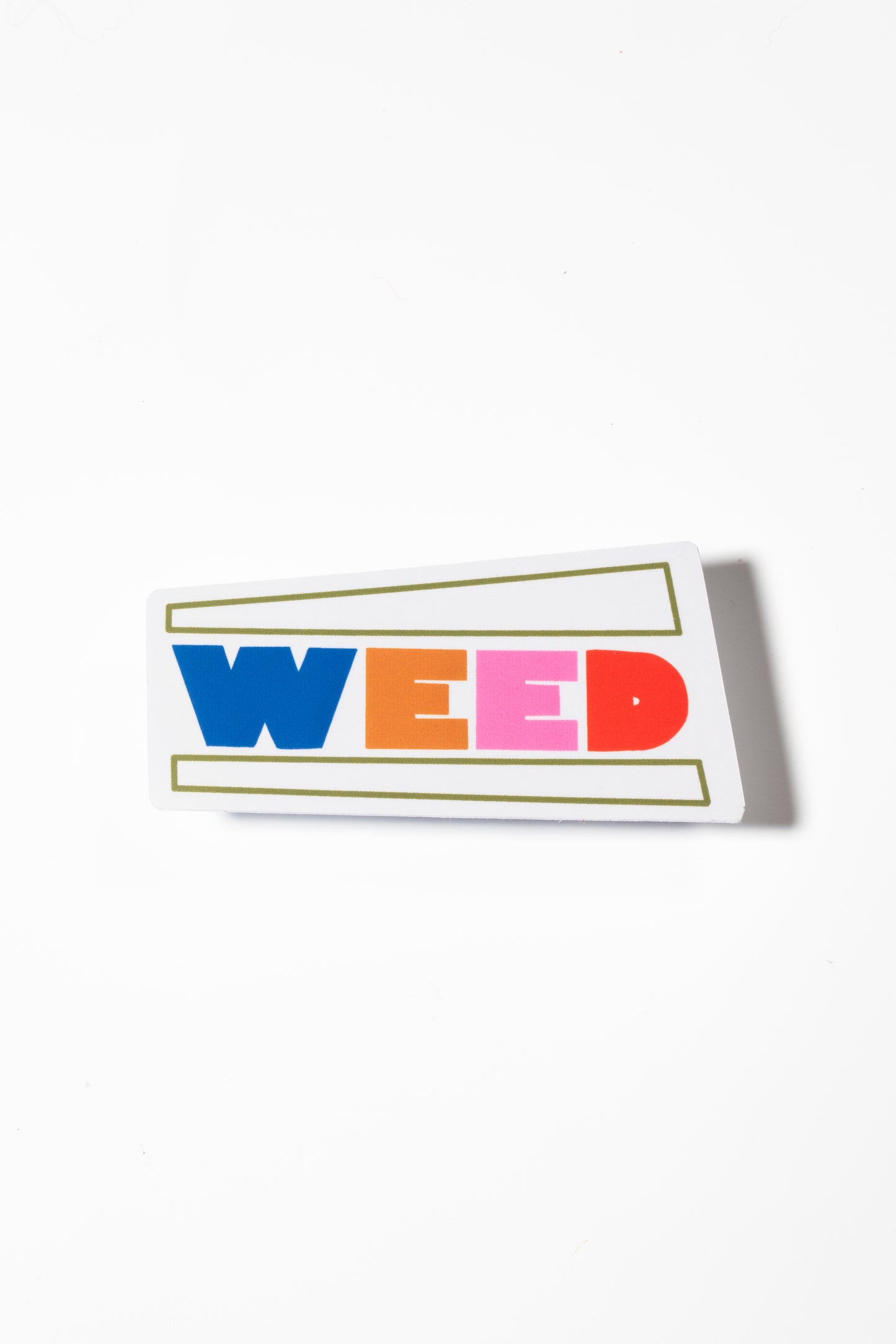 Sticker that says "weed" in blue, orange, pink and red all photographed on a white background.