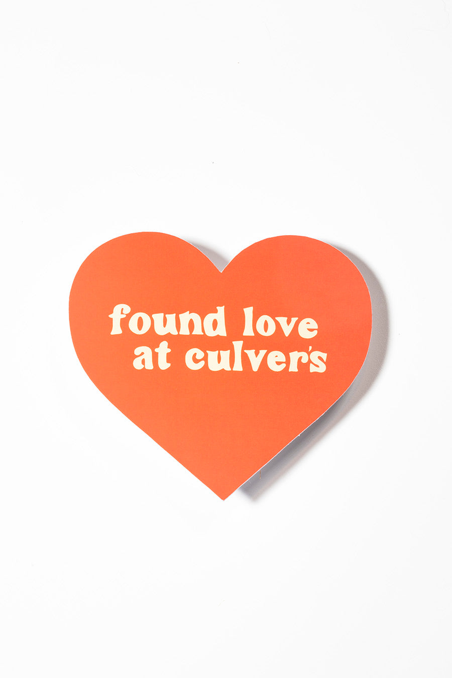 Heart shaped red sticker that reads "found love at culvers" on a white background.