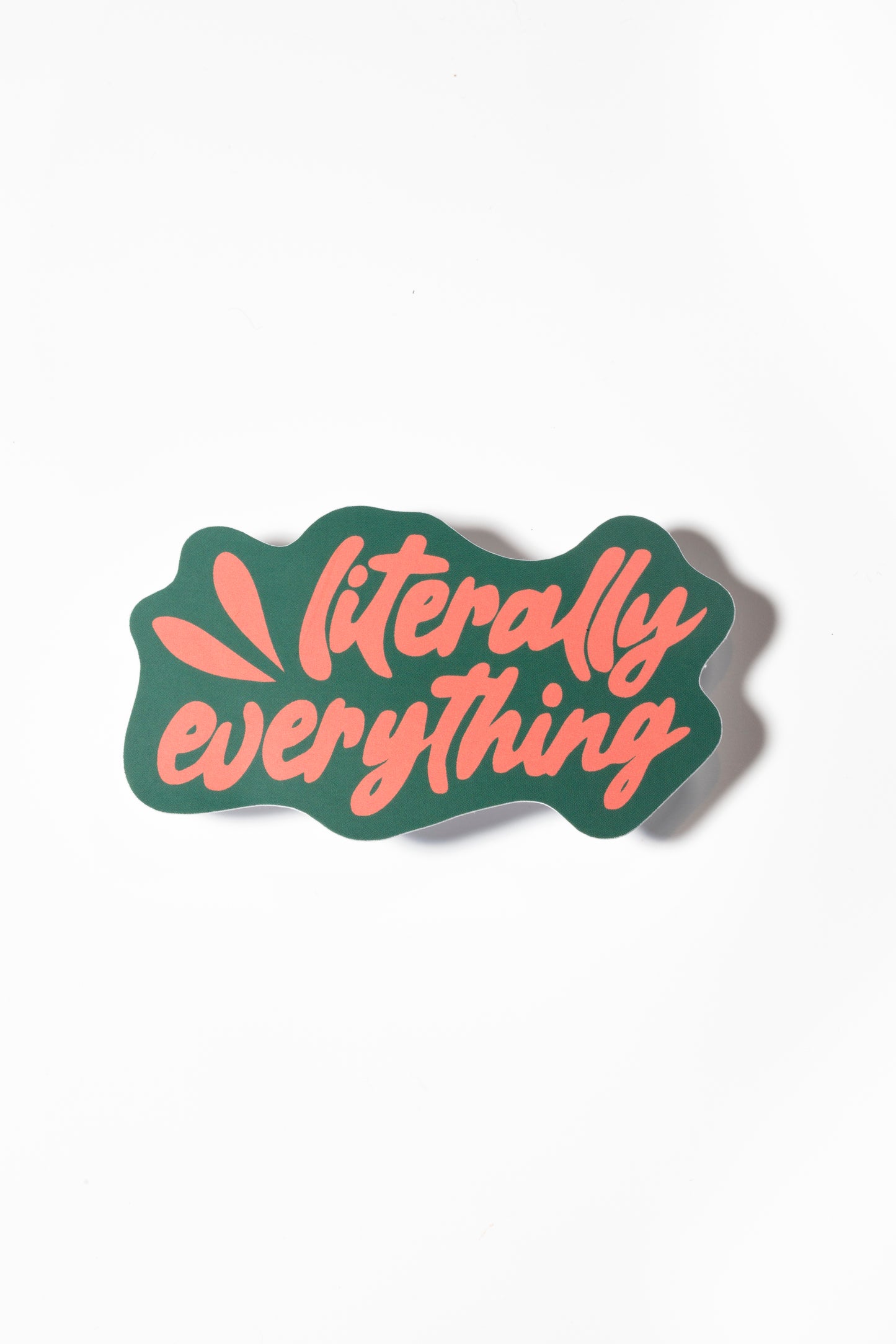 A white background with a matte, green and pink sticker that says "Literally everything" in a playful, hand-lettered style.